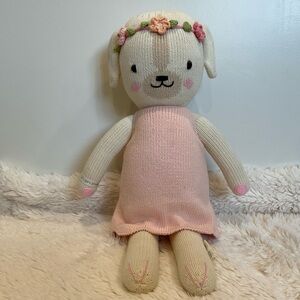 Hand-Knit Cream Bunny Doll with Pink Dress and Floral Headband